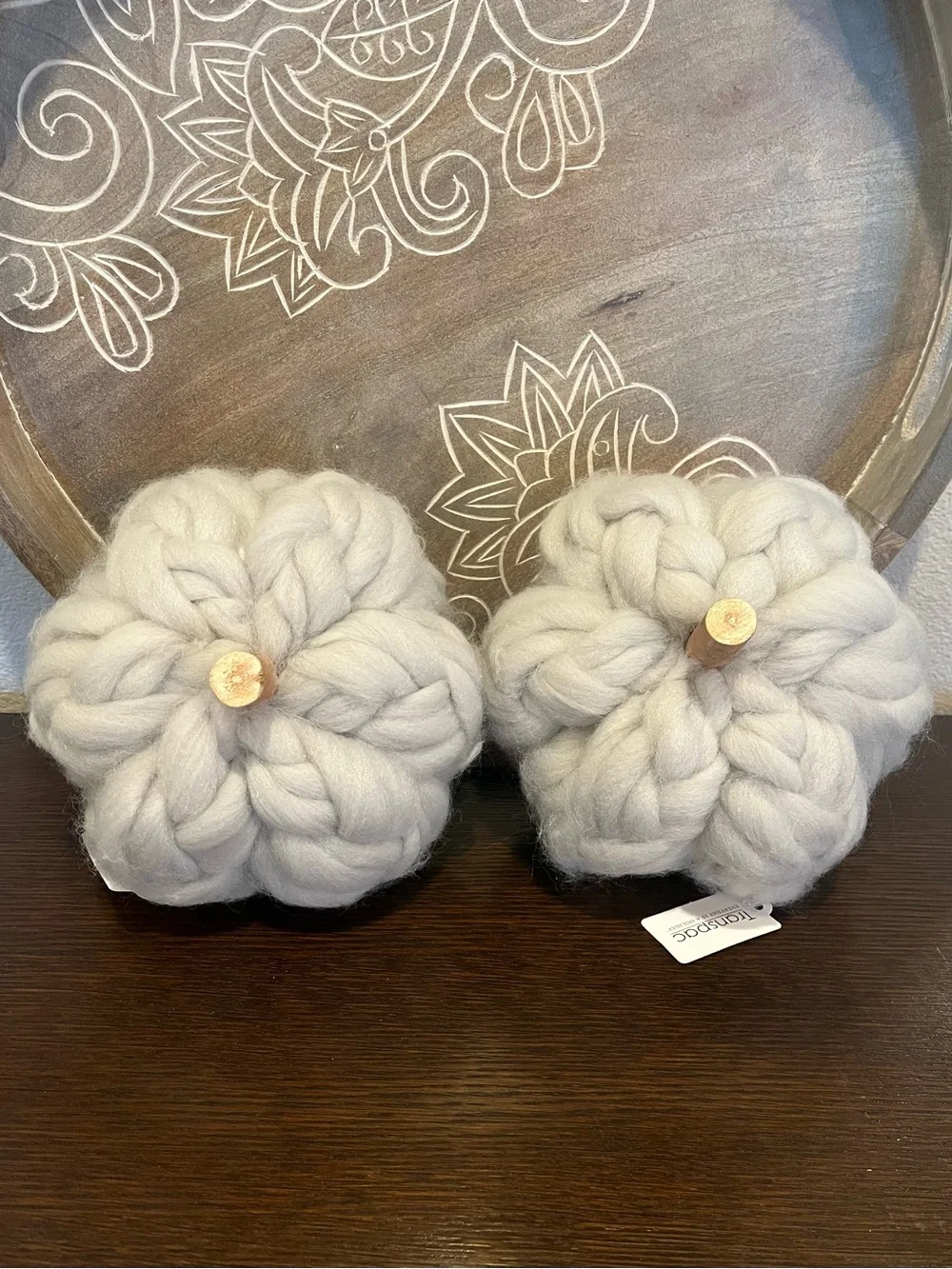Set of 2 NWT 7” Light Grey/Gray Chunky Knit Yarn Harvest Pumpkins w/ Wood Stems